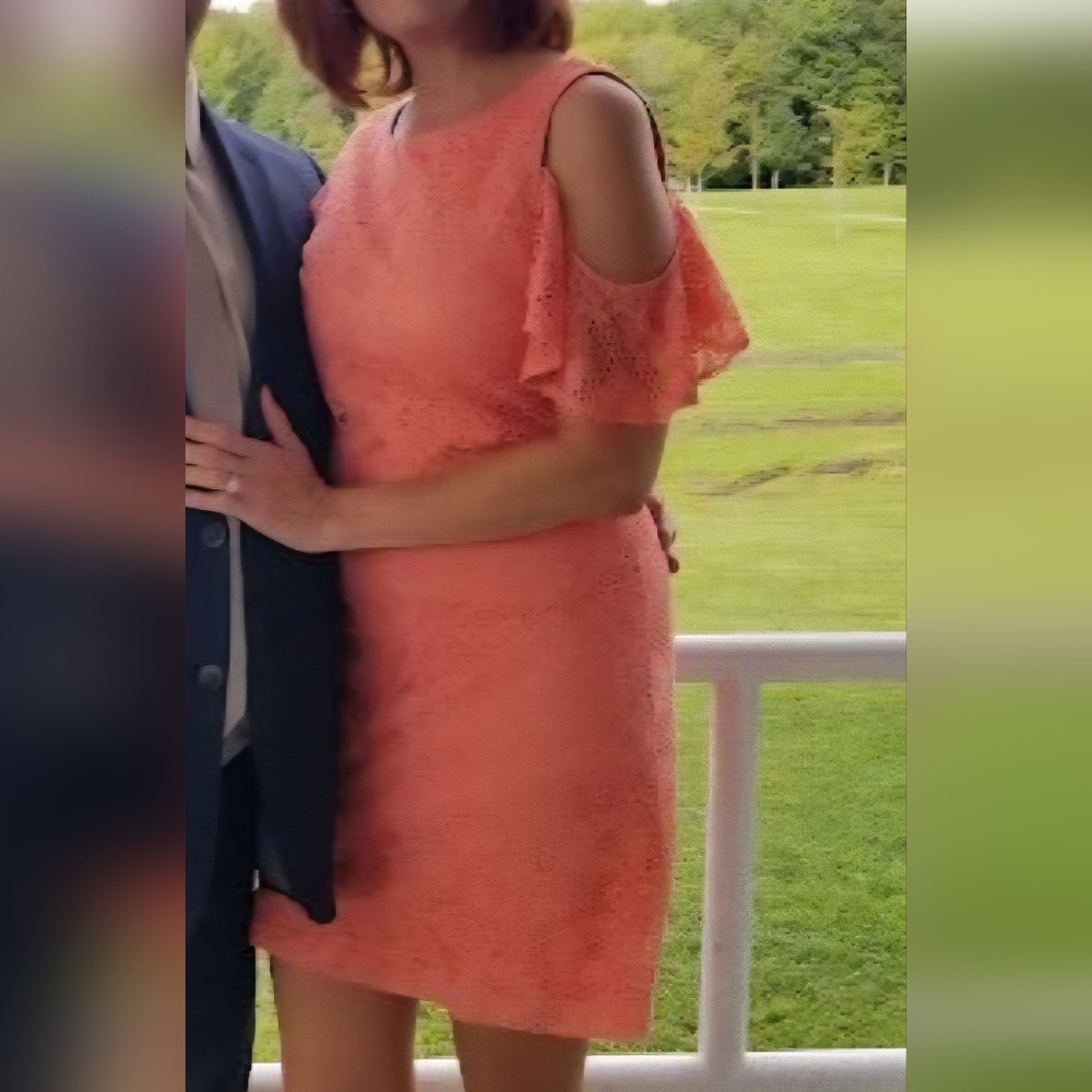 Size 8 Coral Lace-Covered Cold-Shoulder Dress